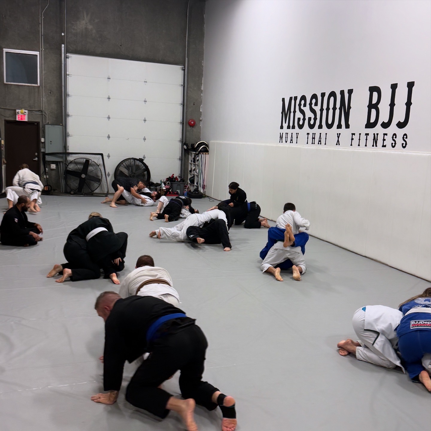 Members rolling in gis during a Brazilian Jiu Jitsu class beneath the Mission BJJ wall logo in Mission, BC